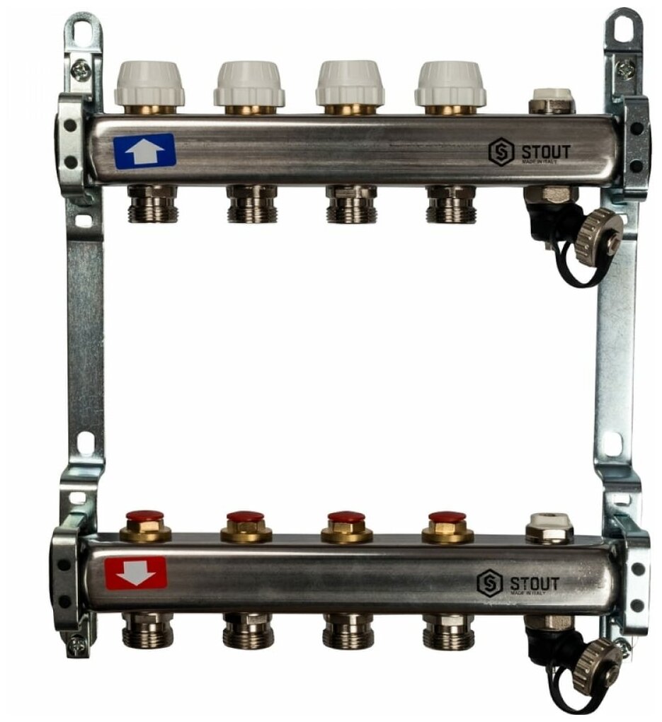 Коллектор из нержавеющей стали STOUT SMS-0932-000004 без расходомеров, с клапаном вып. воздуха и сливом 4 вых.