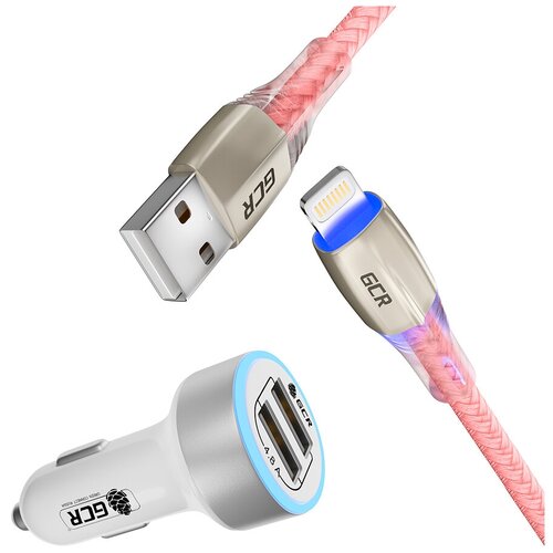 GCR Комплект автомобильное зарядное устройство на 2 USB порта 4.8A, белый, LED индикация + кабель 1.2m Lightning розовый