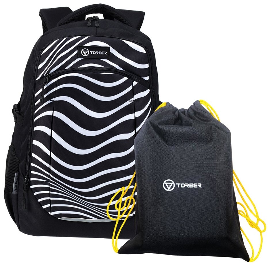 Рюкзак TORBER CLASS X, черный с принтом "Зебра", 46 x 32 x 18 см+ Мешок для сменной обуви в подарок, T9355-22-ZEB-M