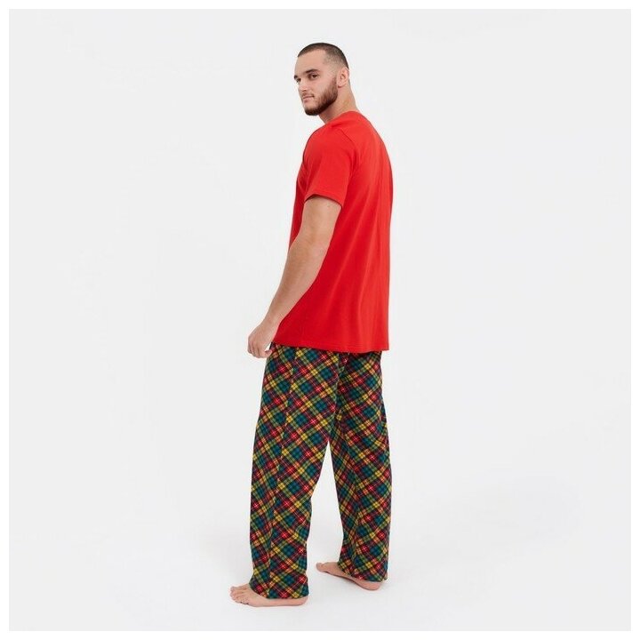 Ohana market Пижама мужская (футб/брюки), цвет красный/клетка, р-р 46 - фотография № 2