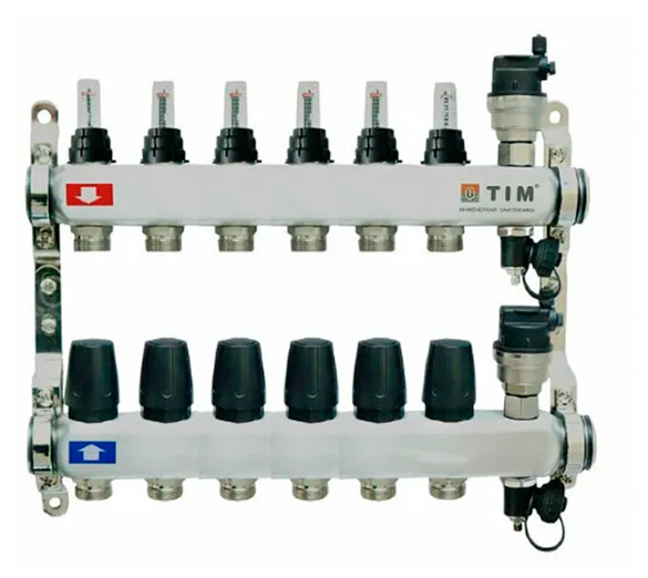 TIM Коллектор с расходомерами KCS5006 1" х 6 выходов из нерж. стали(без кранов) для теплого пола
