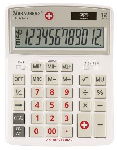Калькулятор настольный BRAUBERG EXTRA-12-WAB (206x155 мм),12 разрядов, двойное питание, антибактериальное покрытие, белый, 250490