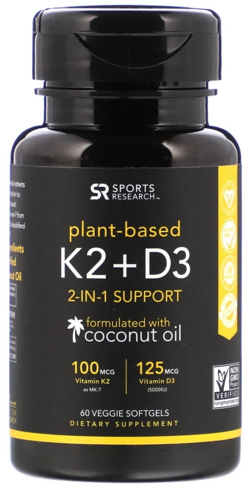 Sports Research Витамин K2 + D3 100 мкг + 5000 МЕ с кокосовым масло 60 капсул