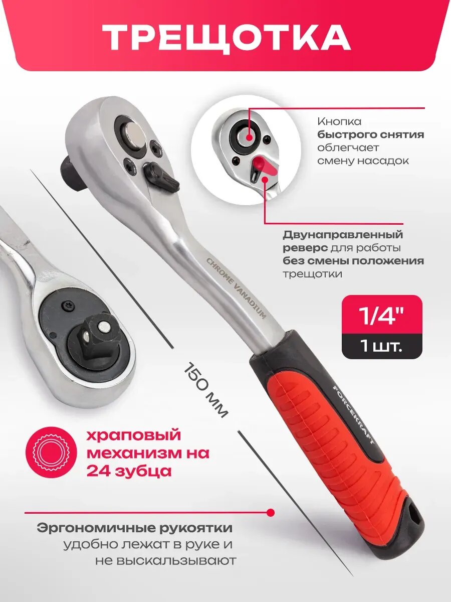 Набор головок торцевых с трещоткой 1/4", 12 предметов — фото 1
