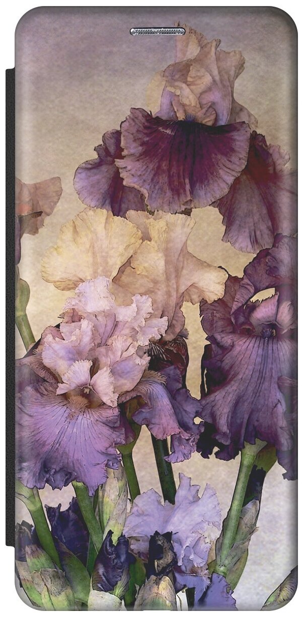 Чехол-книжка на Apple iPhone Xs / X / Эпл Айфон Икс / Икс Эс с рисунком "Фиолетовые цветы" черный