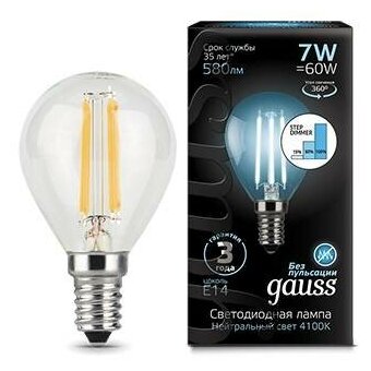 Gauss Лампа Filament Шар 7W 580lm 4100К Е14 шаг. диммирование LED