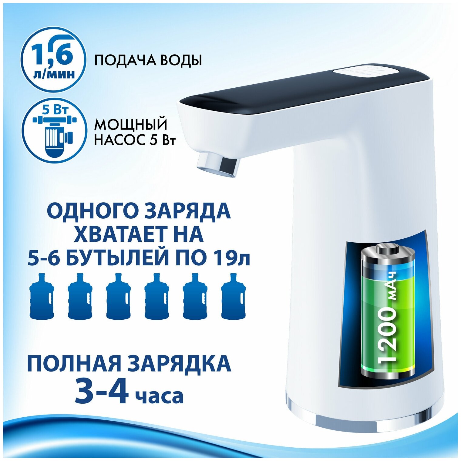 Помпа для воды электрическая SONNEN EWD162WB, 1,6 л/мин, 2 режима, аккумулятор, 455468. 455468 - фотография № 2