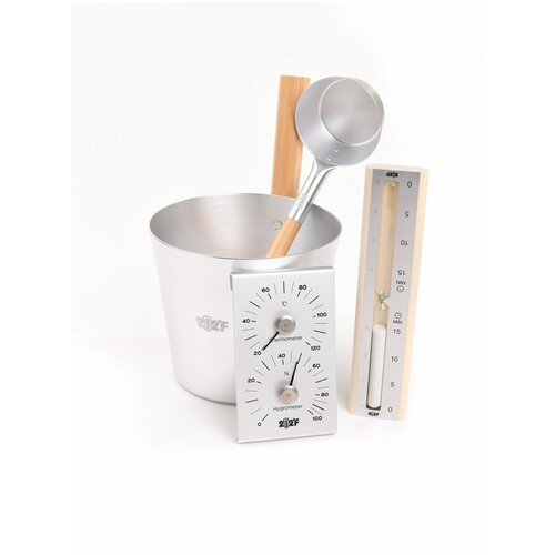 Алюминиевый набор для бани Ушат 5л + черпак 0,2л ручки бамбук + песочные часы + термогигрометр, цвет серебро