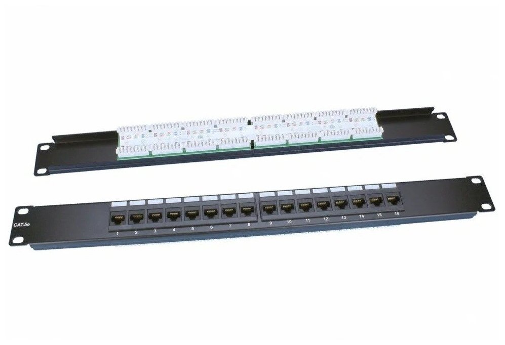 Патч-панель Hyperline, 19", 1U, 16 портов RJ-45, категория 5e, Dual IDC, ROHS, цвет черный