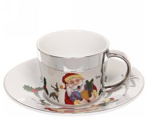 Фото Чайная пара (зеркальная кружка 230мл+блюдце) анаморфный дизайн «Санта», белая