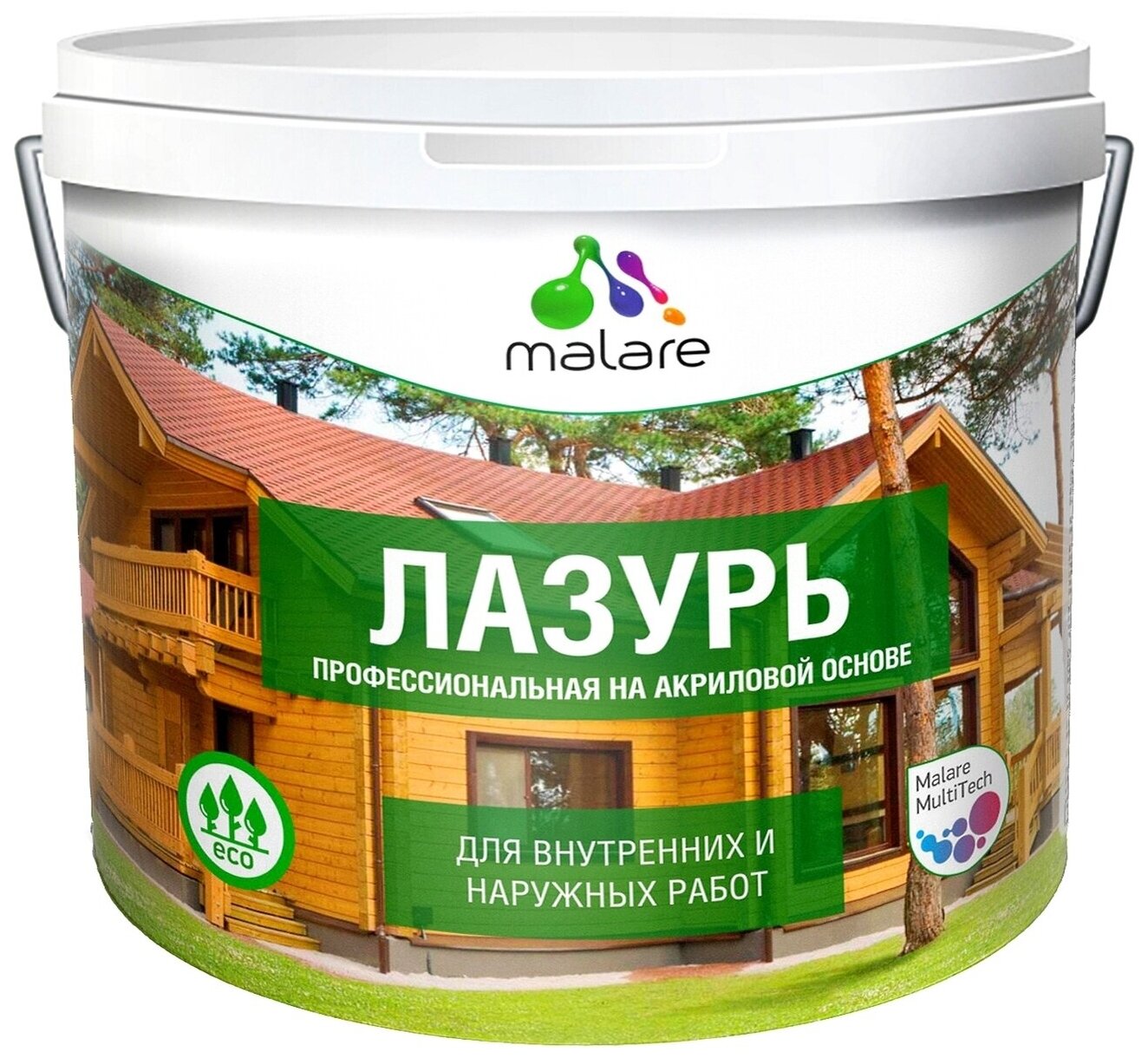 Лазурь-антисептик Malare Professional для дерева, для любых деревянных поверхностей, акриловая, с антисептическим эффектом, быстроcохнущая без запаха, Еловая зелень, 9л