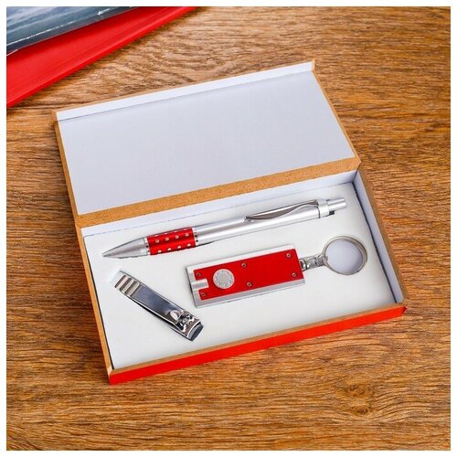 Набор подарочный 3в1 (ручка, кусачки, фонарик красный) брелок металл красный