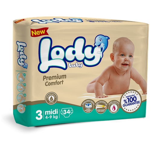 Детские подгузники Lody Baby, Premium comfort, размер 3 (MIDI) в упаковке 34 шт. (4-9 кг)