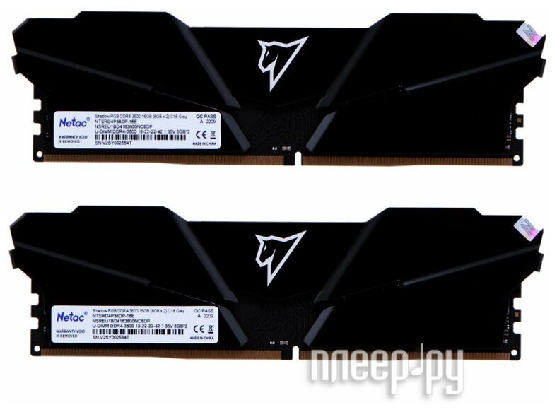 Оперативная память DDR4 NETAC Shadow RGB 16GB (2x8GB) 3200MHz CL18 1.35V / NTSRD4P36DP-16E / Gray / with radiator