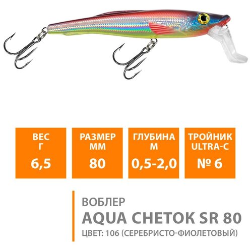 фото Воблер для рыбалки aqua снеток sr 80mm, вес - 6,5g, цвет 106 (серебристо-фиолетовый)