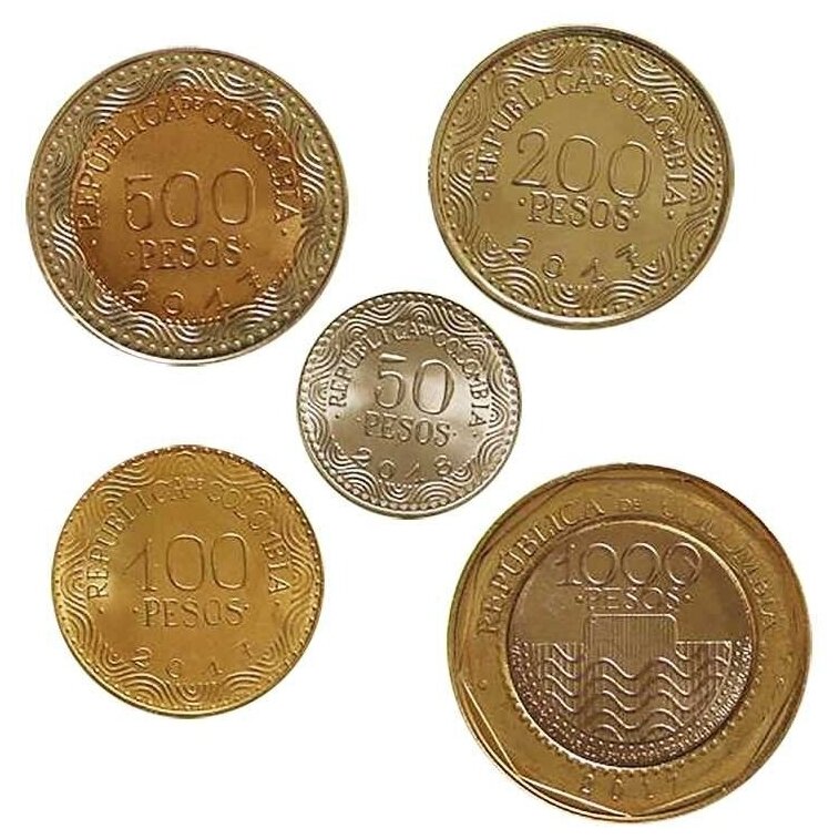 Подарочный набор из 5-ти монет 50, 100, 200, 500, 1000 песо. Колумбия, 2017-2018 г. в. Монеты UNC