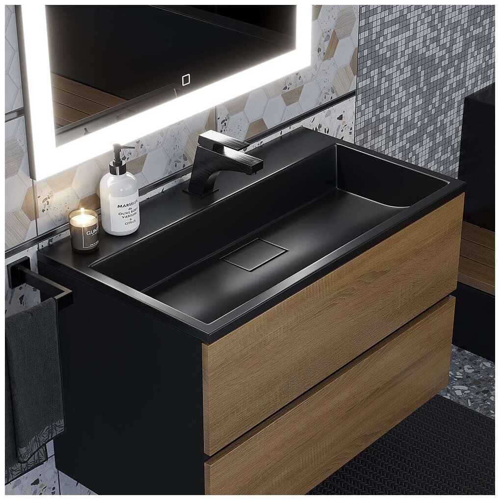 Раковина для ванной полувстраиваемая Uperwood Barsa 80 см, прямоугольная, черная - фотография № 1