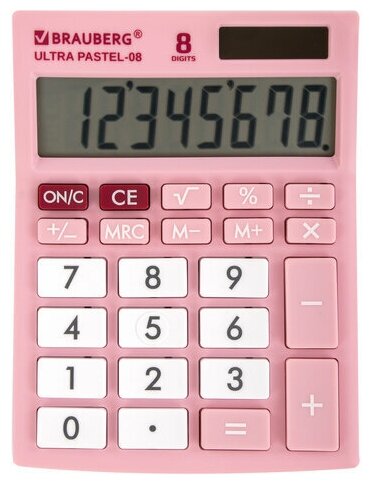 Калькулятор настольный BRAUBERG ULTRA PASTEL-08-PK, компактный (154x115 мм), 8 разрядов, двойное питание, розовый, 250514