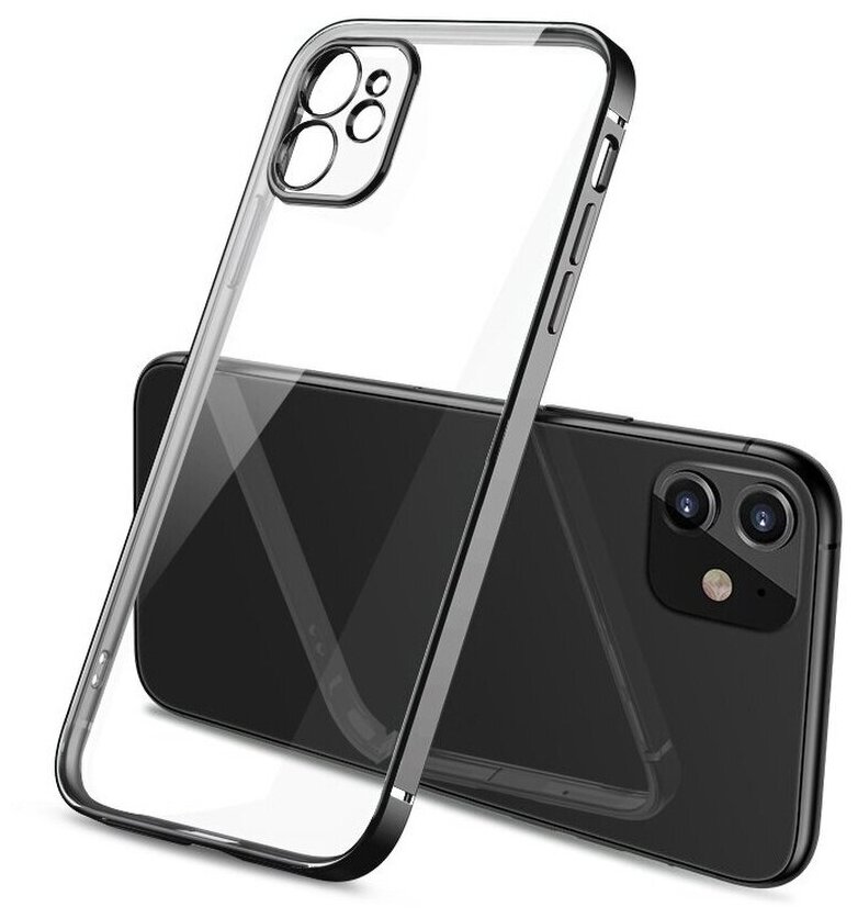 Чехол для iPhone 11 в стиле Айфон 12 / Квадратный / Прозрачный с защитой камеры Apple / Силиконовый бампер на Эпл / Черный