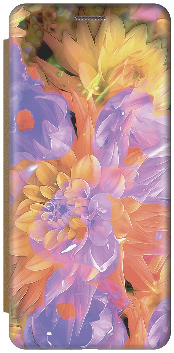 Чехол-книжка на Apple iPhone 8 Plus / 7 Plus / Эпл Айфон 7 Плюс / 8 Плюс с рисунком "Желто-фиолетовые хризантемы" золотой