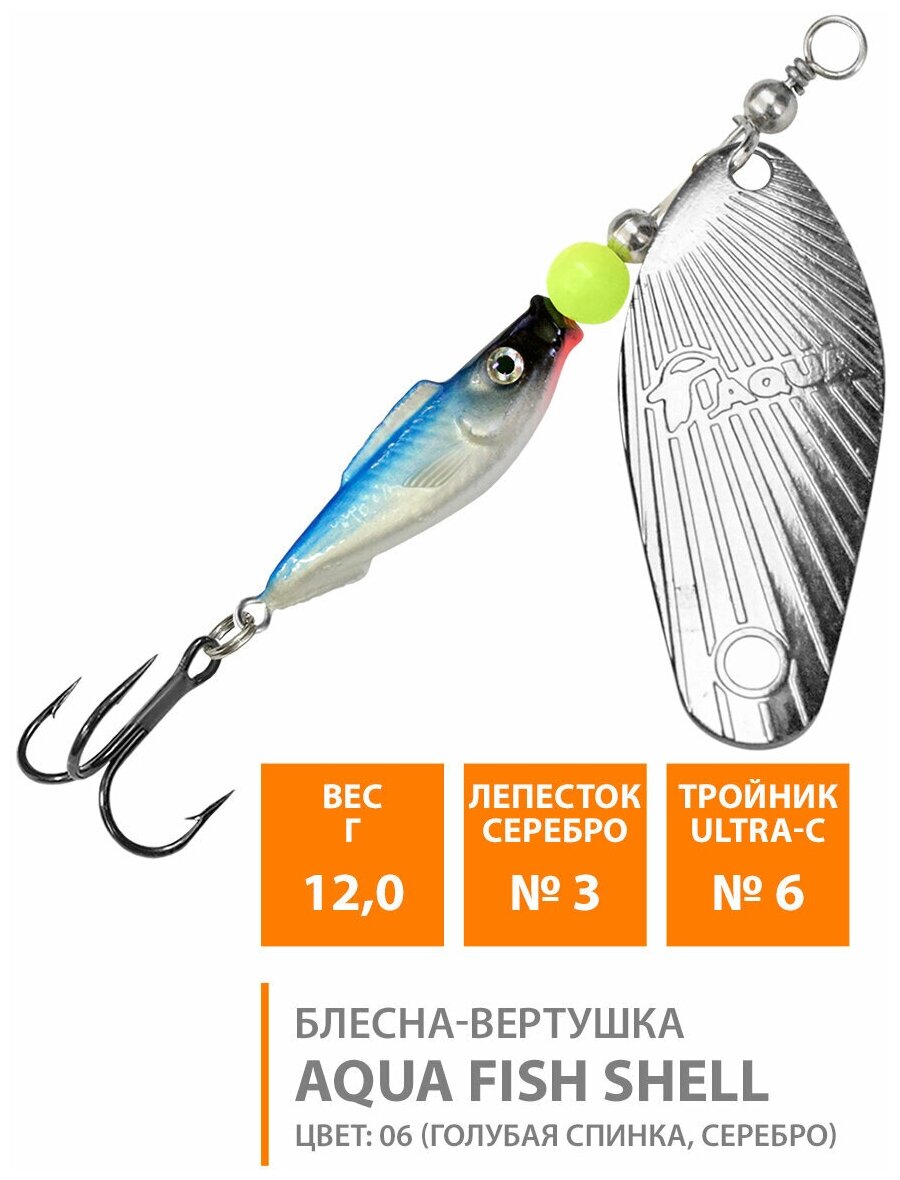 Блесна вертушка для рыбалки AQUA Fish Shell-3 12g цвет 06