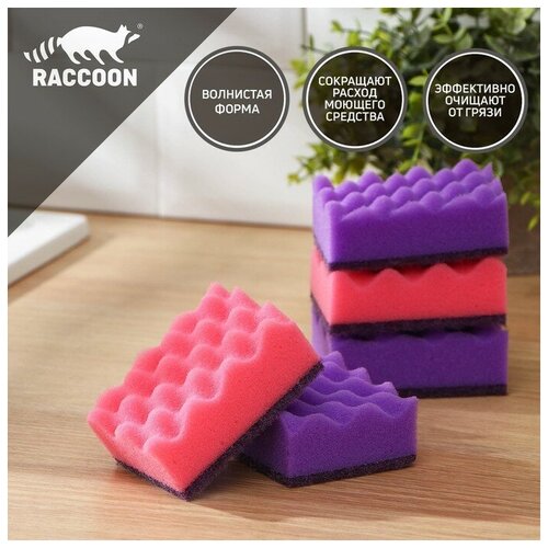 Набор губок для мытья посуды Raccoon «Кантри», 5 шт, 9,5×7×3,5 см, цвет фиолетовый, розовый