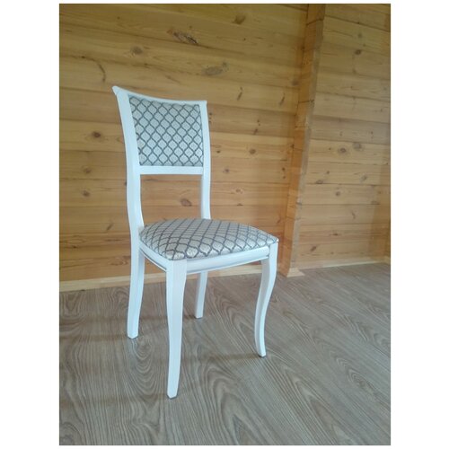 Стул деревянный кухонный, массив, ткань, белая эмаль+патина серебро