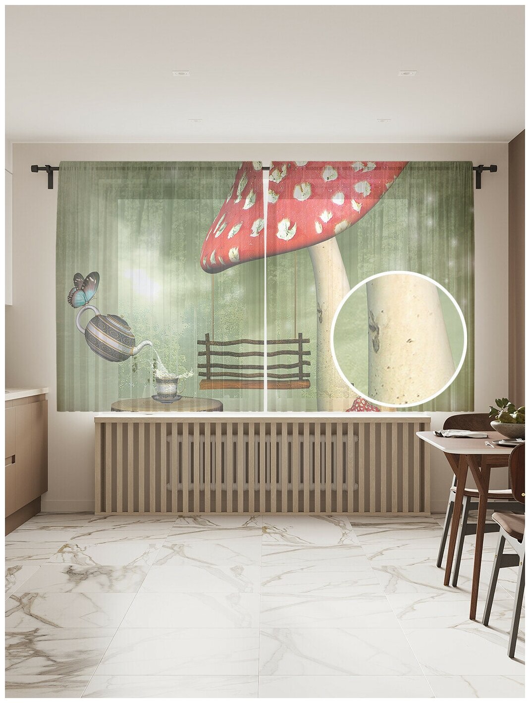 Тюль для кухни и спальни JoyArty "Отдых у мухомора", 2 полотна со шторной лентой шириной по 145 см, высота 180 см.