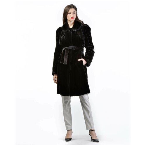 Пальто Rindi, норка, силуэт прилегающий, пояс/ремень, размер 44, черный