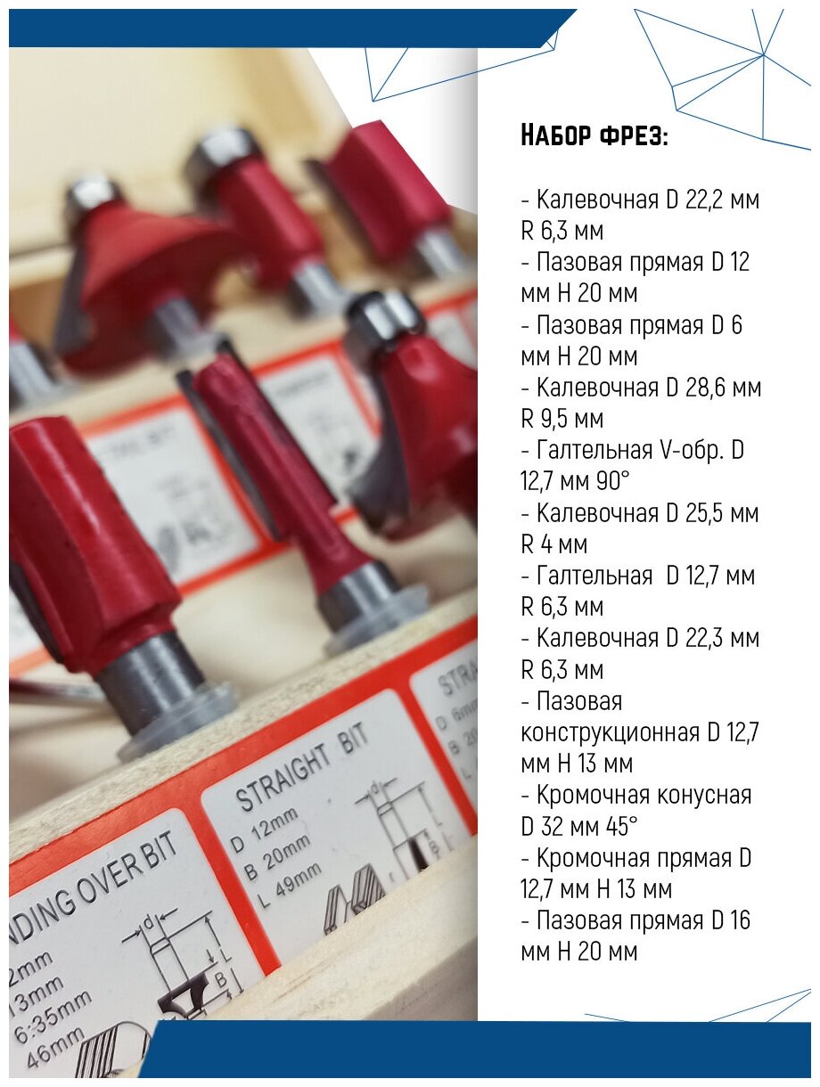 Набор твердосплавных фрез по дереву 12 шт. Vertextools