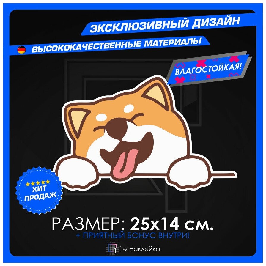 Наклейки на автомобиль на капот авто Выглядывающая мультяшная собака Акита 25х14 см