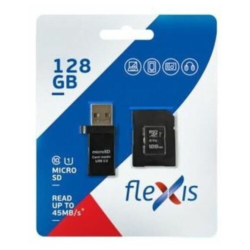 930595 Карта памяти 128Gb - Flexis Micro Secure Digital XC Cl10 U1 FX128GMSDXCU1 c адаптером и USB картридером (Оригинальная!)
