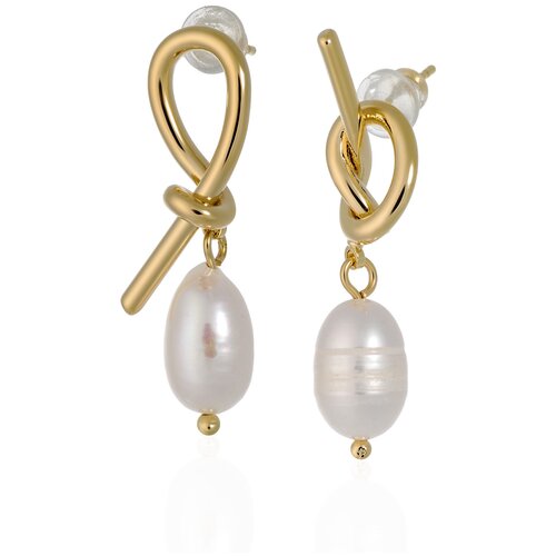 Асимметричные золотистые серьги с натуральным белым барочным жемчугом
