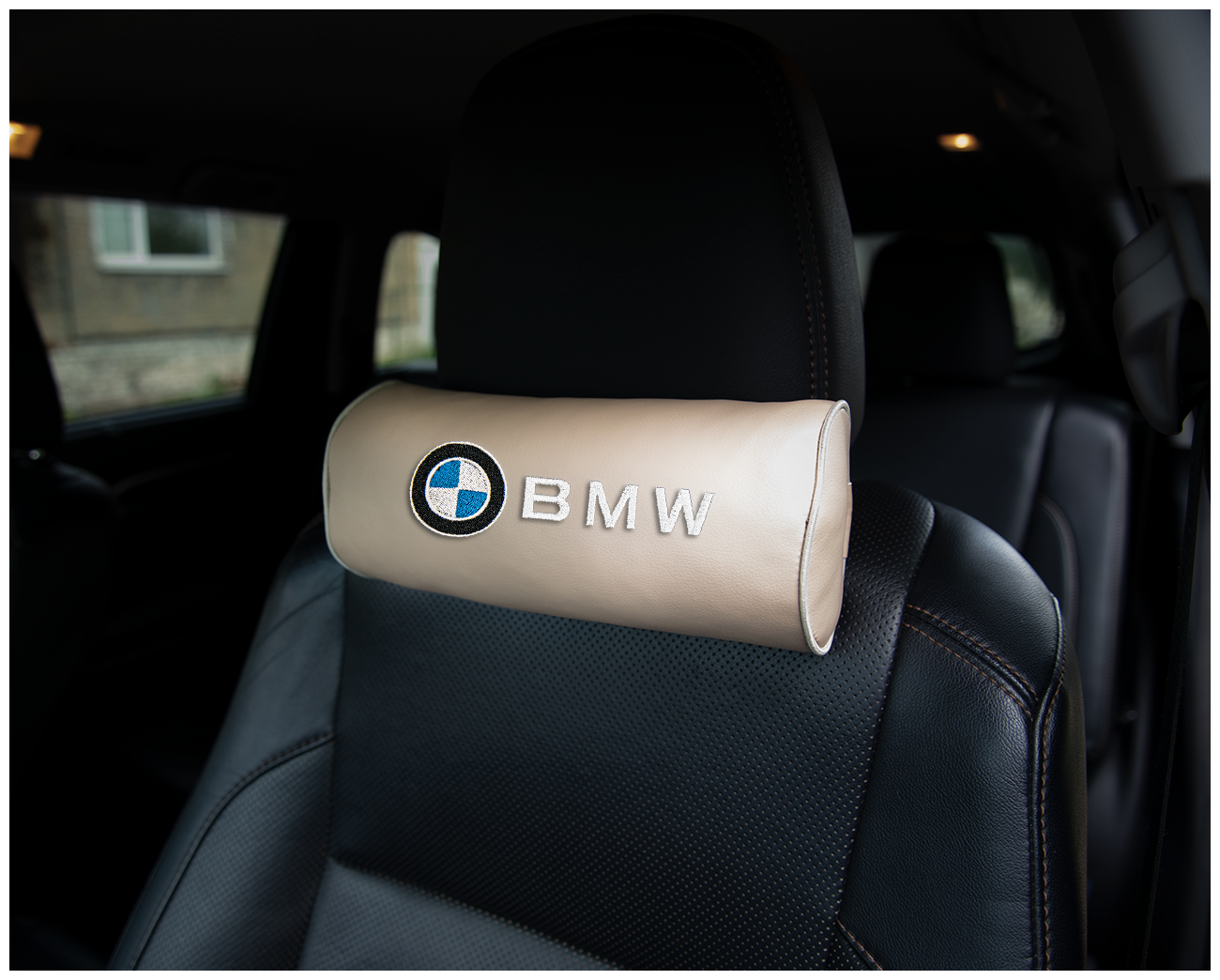 Автомобильная подушка-валик на подголовник экокожа Beige c вышивкой BMW