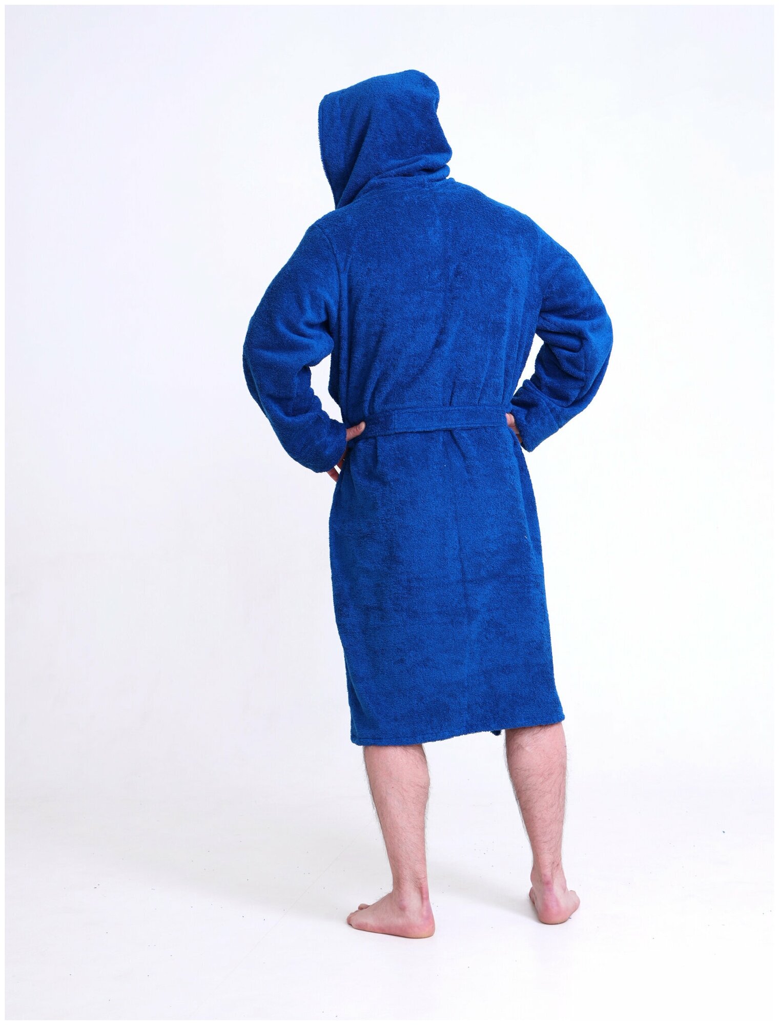 Халат мужской махровый BIO-TEXTILES с капюшоном 44-46 синий домашний хлопок с запахом банный больших размеров длинный в подарок бассейн - фотография № 3