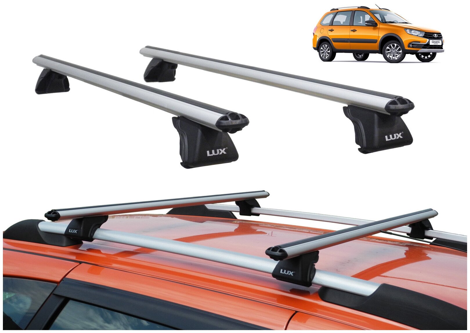 Багажник на рейлинги Лада Гранта универсал (Lada Granta universal / Lada Granta Cross), Lux Классик, аэродинамические дуги (53 мм)