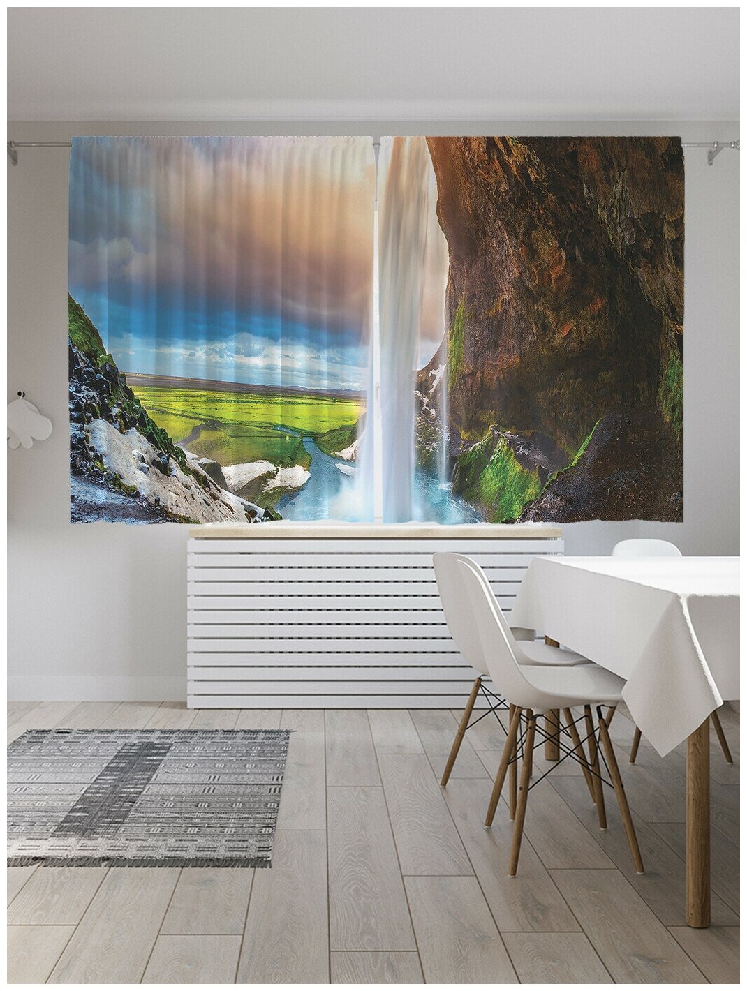 Фотошторы для кухни и спальни JoyArty "Водопад в лучах солнца", 2 полотна со шторной лентой шириной по 145 см, высота 180 см