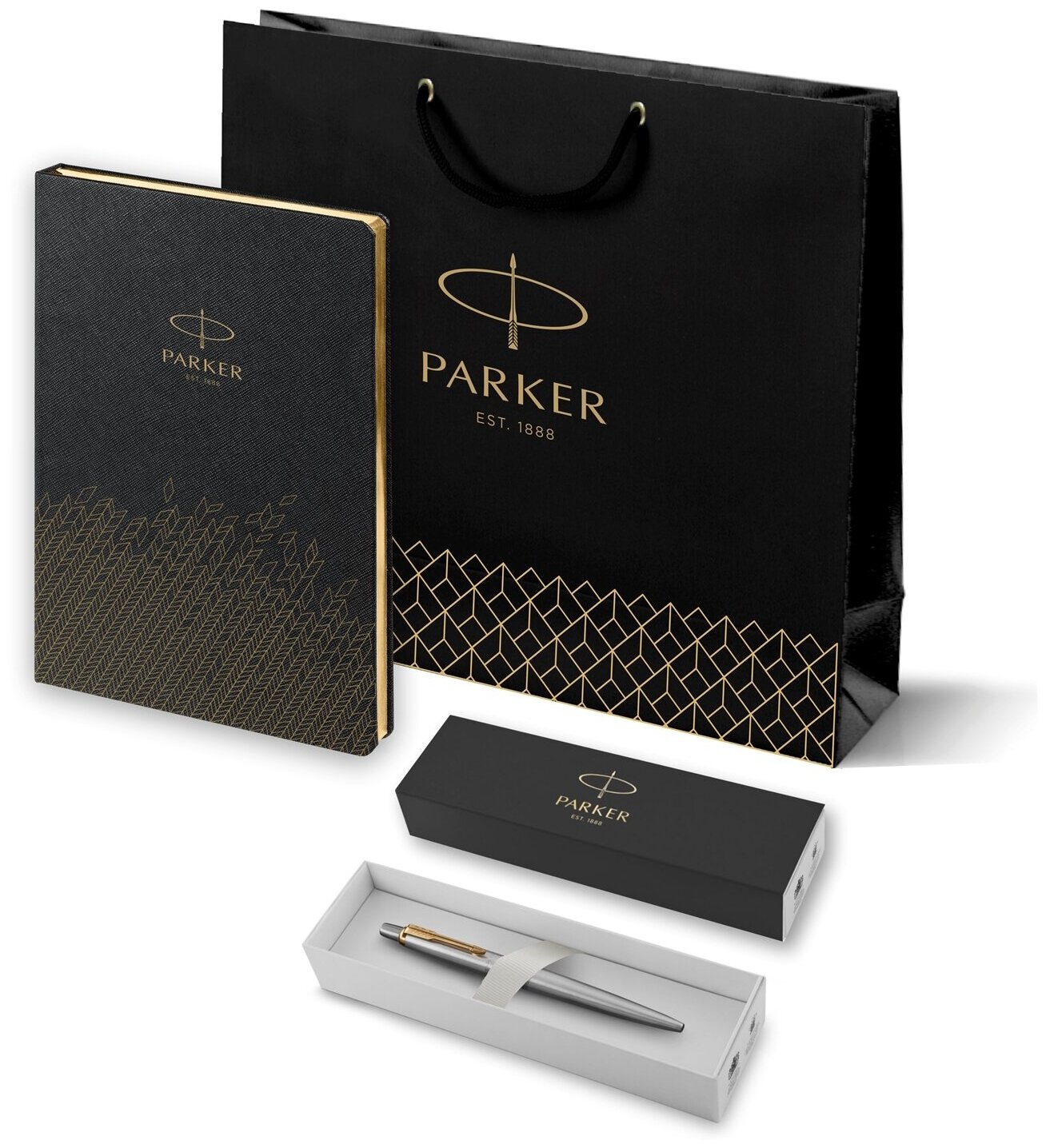 Подарочный набор: Шариковая ручка Parker Jotter Essential, St. Steel GT и Ежедневник недатированный, черный