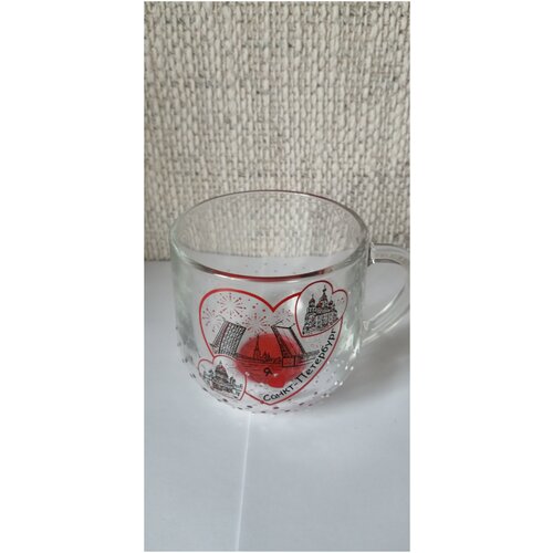 Кружка стекло 30 мл, с видами Петербурга, с красным цветом печати, с цветным дном