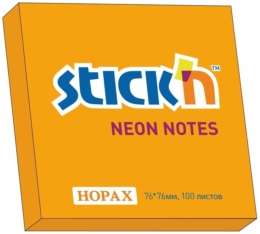 Бумага для заметок с клеевым краем STICK'N HOPAX, 76*76 мм, ярко-оранжевый, 100 л (в упаковке 12 блоков)