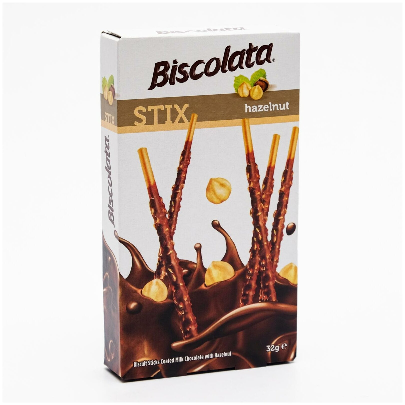 Бисквитные палочки Biscolata Stix Hazelnut покрытые молочным шоколадом с лесным орехом, 32 г 6930331