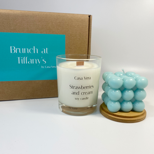 Подарочный набор Бранч у Тиффани свеча ароматическая Клубника во сливками в стакане с деревянным фитилем свеча интерьерная Бабл в цвете тиффани Подарок девушке подруге сестре 2500₽