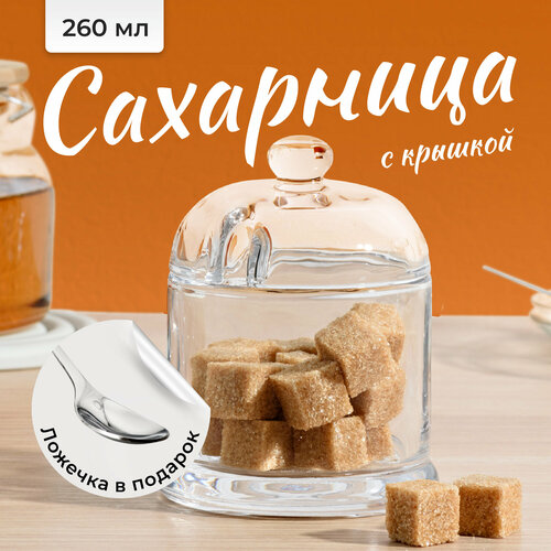 Сахарница стеклянная с ложкой Shiny Kitchen прозрачная сахарница с крышкой 260 мл 612₽