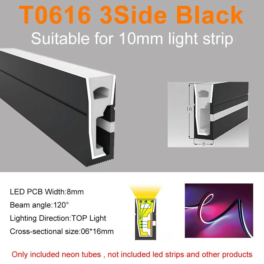 Неоновая силиконовая трубка LMODA RGB 1-5 м, 1 м, T0616 3Side Black, Черный