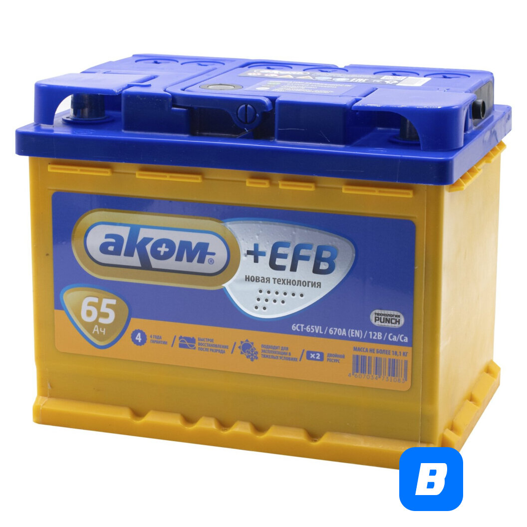 Аккумулятор AKOM +EFB 65 Ач 670 А прямая полярность, 242x175x190 мм — фото 1