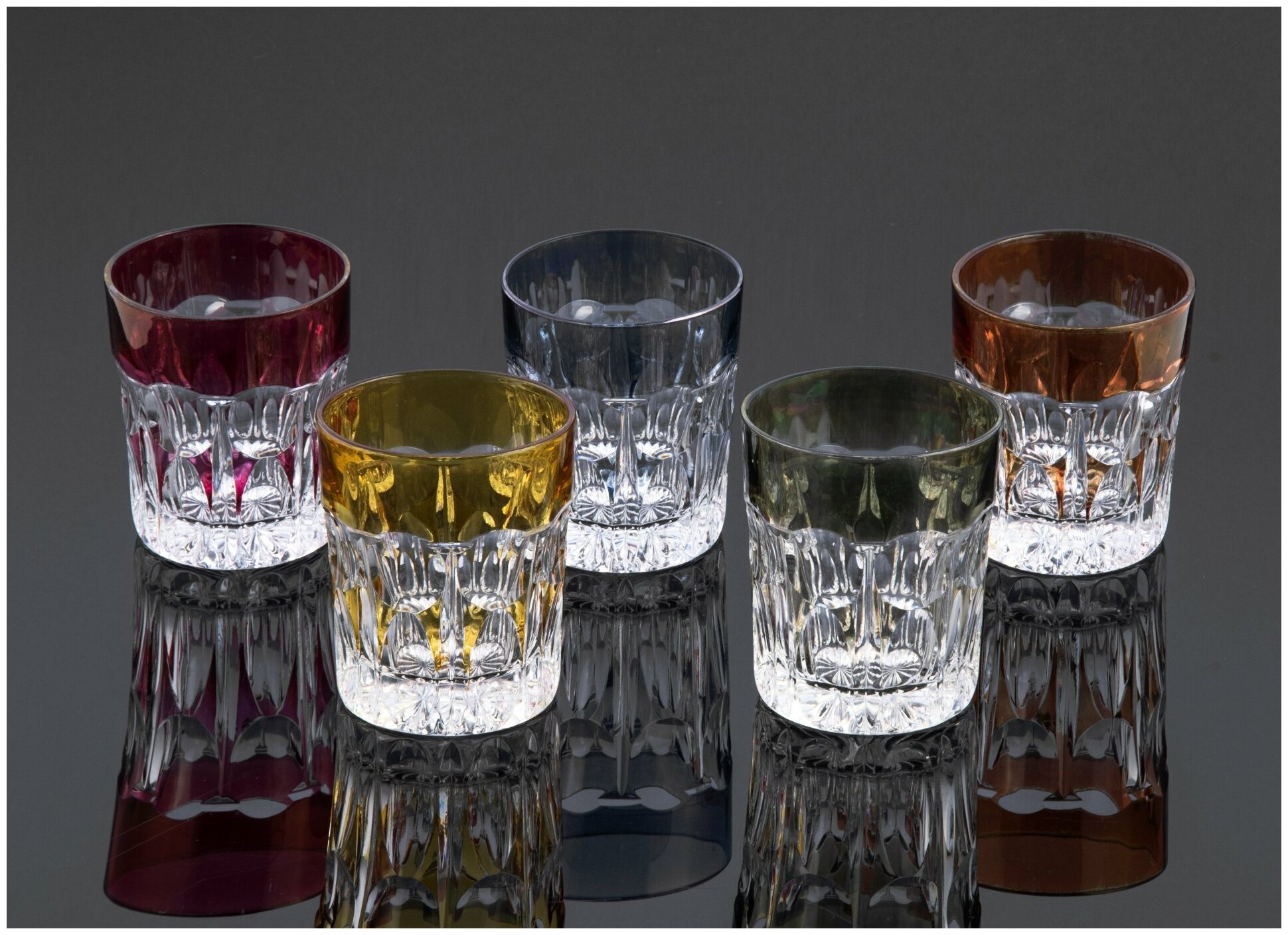 Набор стаканов для виски на 5 персон, хрусталь, алмазная грань, Чехия, 1970-1990 гг.