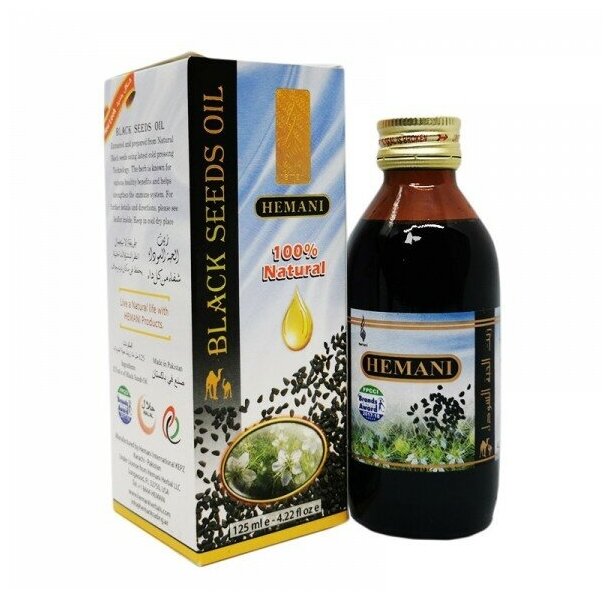 Натуральное масло черного тмина Хемани (Black Seeds Oil Hemani) для здоровья кожи и волос, для иммунитета и улучшения кровообращения, 125 мл