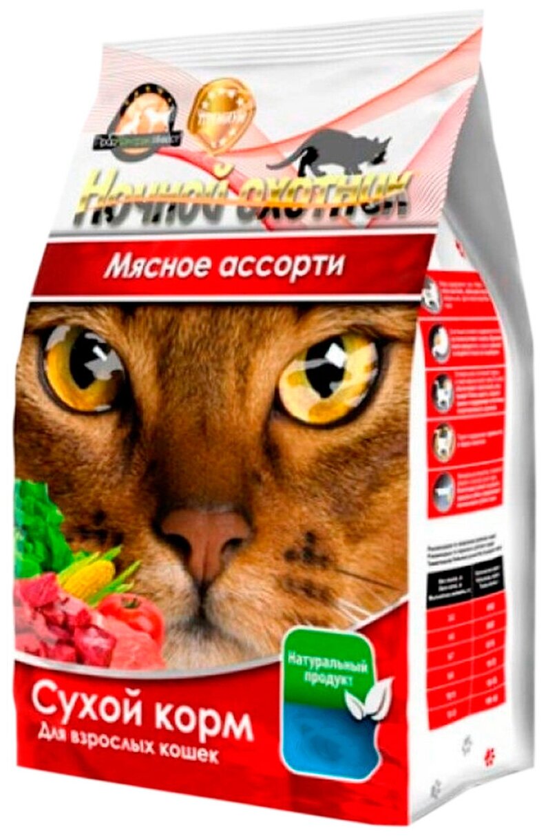 Сухой корм ночной охотник для взрослых кошек с мясным ассорти (1,5 кг)