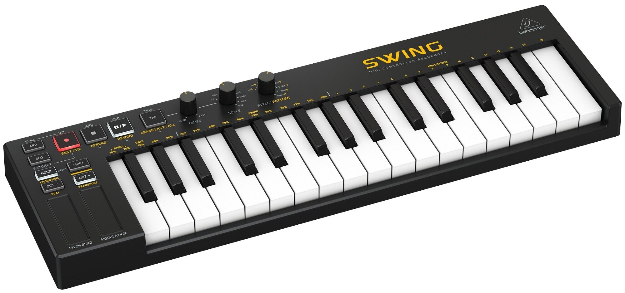 BEHRINGER SWING MIDI-контроллер с 32-клавишной клавиатурой 64-голосной полифонией и сенсорными полосами высоты тона и модуляции