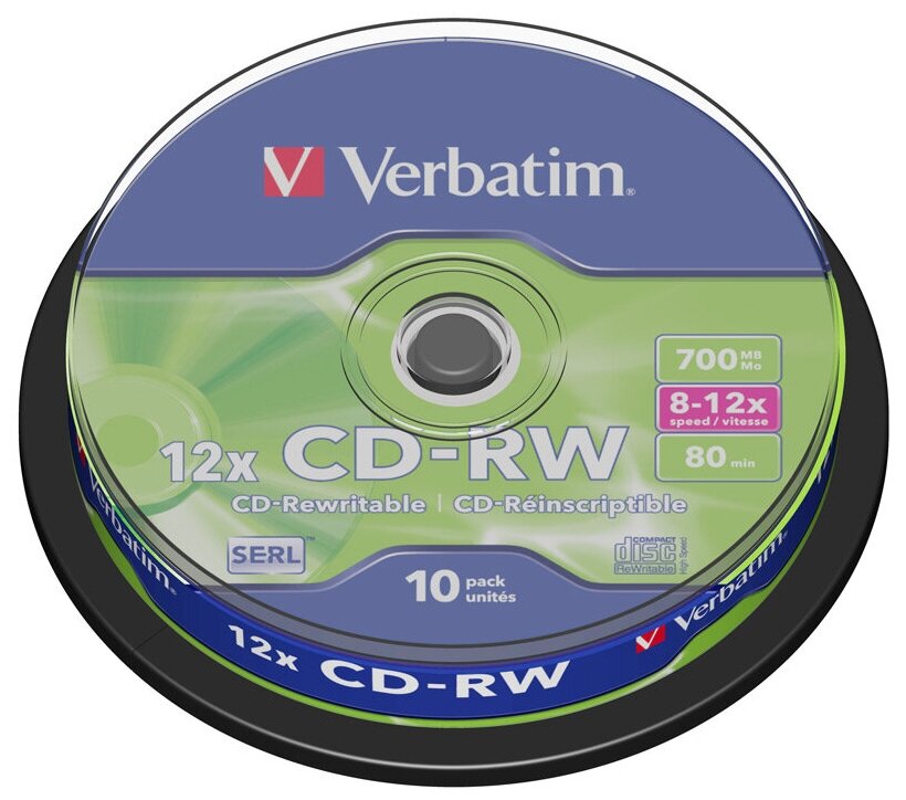 Оптический диск CDRW диск Verbatim DataLifePlus 700Mb 8-12x CakeBox 10шт (43480)